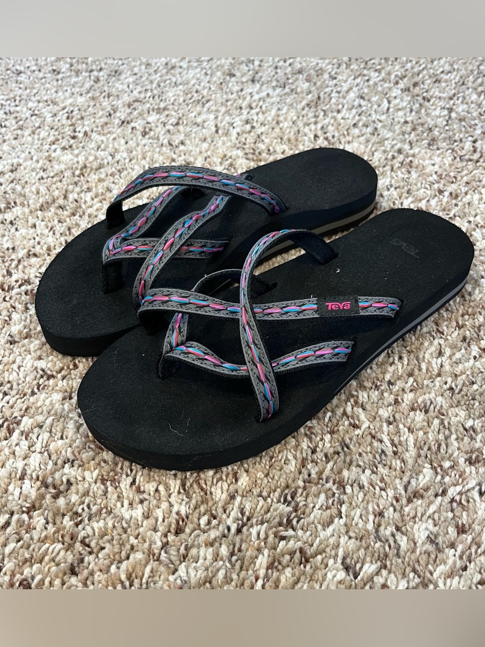 Teva Womens Thong Sandal Black Gray Strappy Geometric Size 7 lightweight